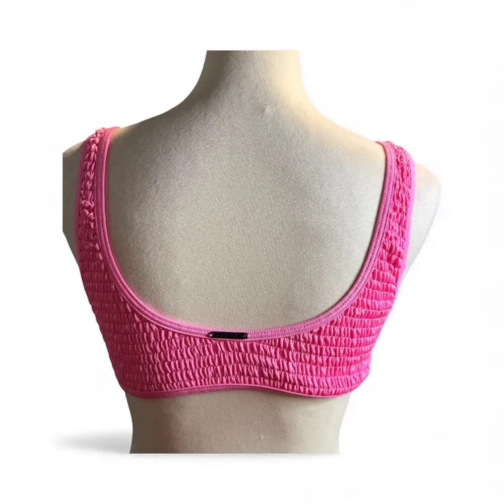 Kendall + Kylie 3 Snap Henley Bikini Top, Neon Pink, Medium, NWT